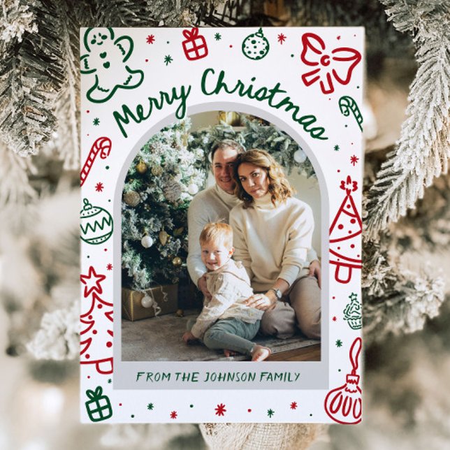 Whimsical Hand plockade Arch Photo God jul Julkort (Whimsical Hand Drawn Arch Photo Merry Christmas Holiday Card)