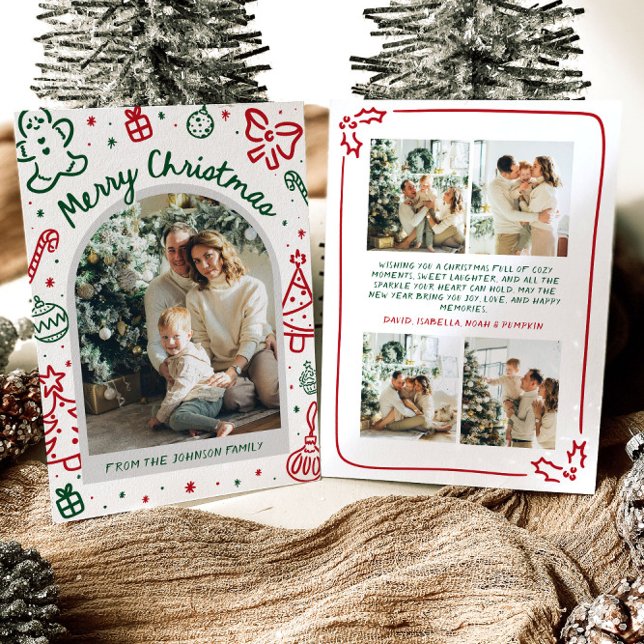 Whimsical Hand plockade Arch Photo God jul Julkort (Whimsical Hand Drawn Arch Photo Merry Christmas Holiday Card)