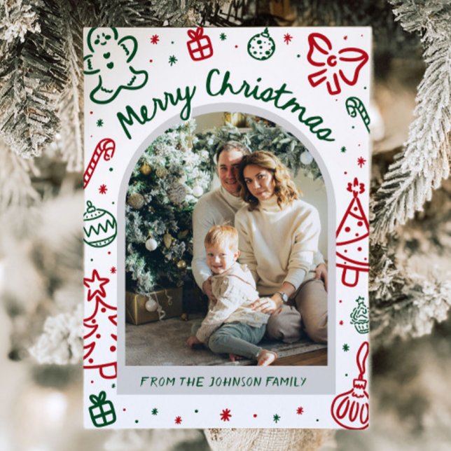 Whimsical Hand plockade Arch Photo God jul Julkort (Whimsical Hand Drawn Arch Photo Merry Christmas Holiday Card)