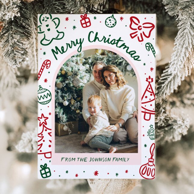 Whimsical Hand plockade Arch Photo God jul Julkort (Whimsical Hand Drawn Arch Photo Merry Christmas Holiday Card)