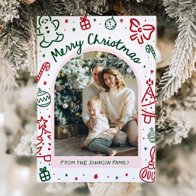 Whimsical Hand plockade Arch Photo God jul Julkort (Whimsical Hand Drawn Arch Photo Merry Christmas Holiday Card)