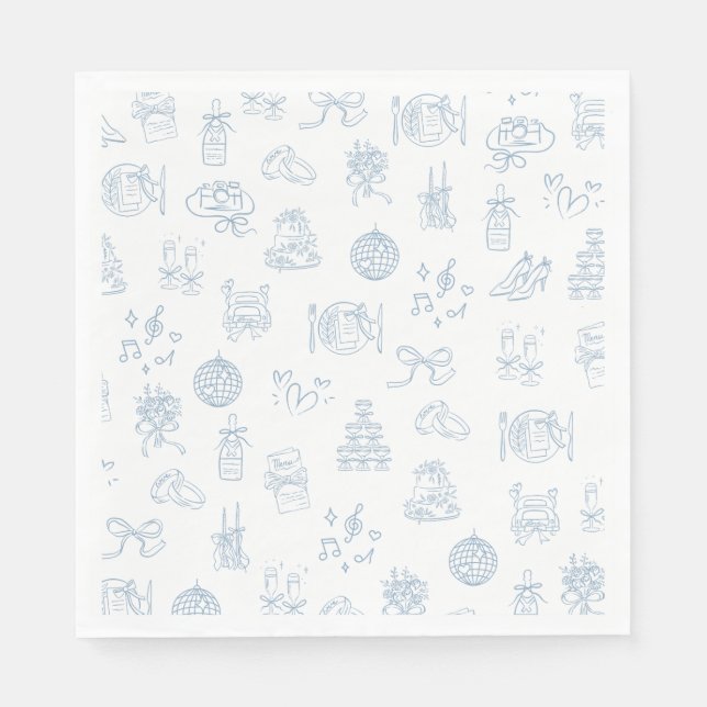 Whimsical Hand plockade Blue Illustrated Bröllop Pappersservett (Framsidan)