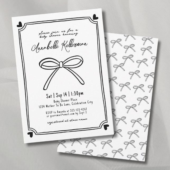 Whimsical Hand plockade Bow Baby Shower Inbjudningar (Whimsical Hand Drawn Bow Baby Shower Invitation)