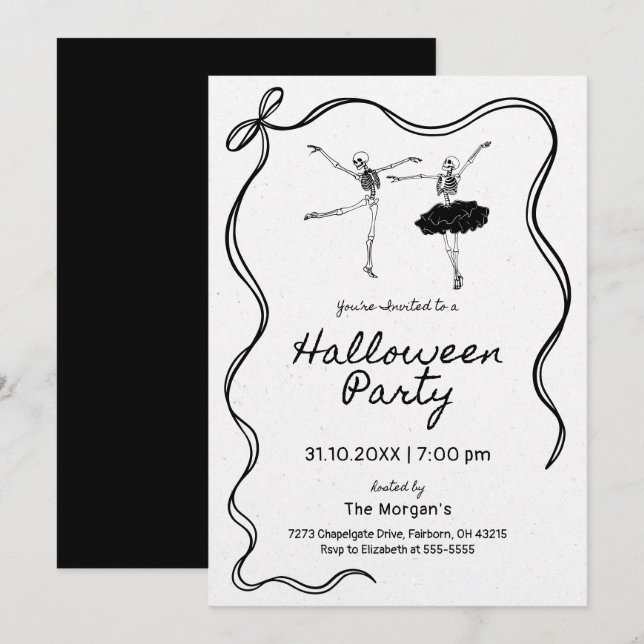 Whimsical Hand plockade Bow Ram Skeleton Halloween Inbjudningar (Fram/baksida)