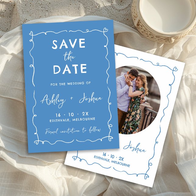 Whimsical Hand plockade Bröllop spara datum Card Tack Kort (Blue Whimsical Hand Drawn Wedding Save The Date Card, Blue Hand Drawn Save The Date, Trendy Photo)