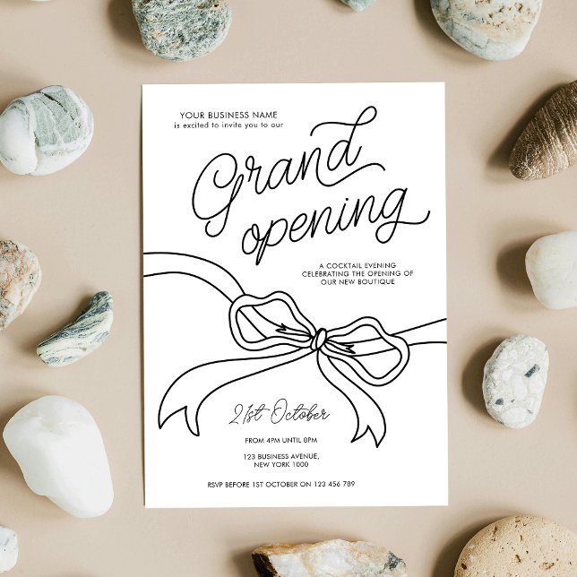 Whimsical Hand plockade Business Grand Open Inbjudningar (Hand drawn ribbon modern Business Grand Opening Invitation design in black and white)