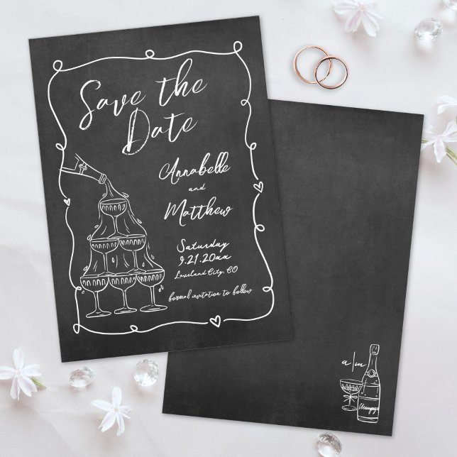 Whimsical Hand plockade Chalkboard Bröllop Spara Datumet (Whimsical Hand Drawn Chalkboard Wedding Save the Date)