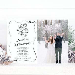 Whimsical Hand plockade Cupid Ski Photo Bröllop Inbjudningar