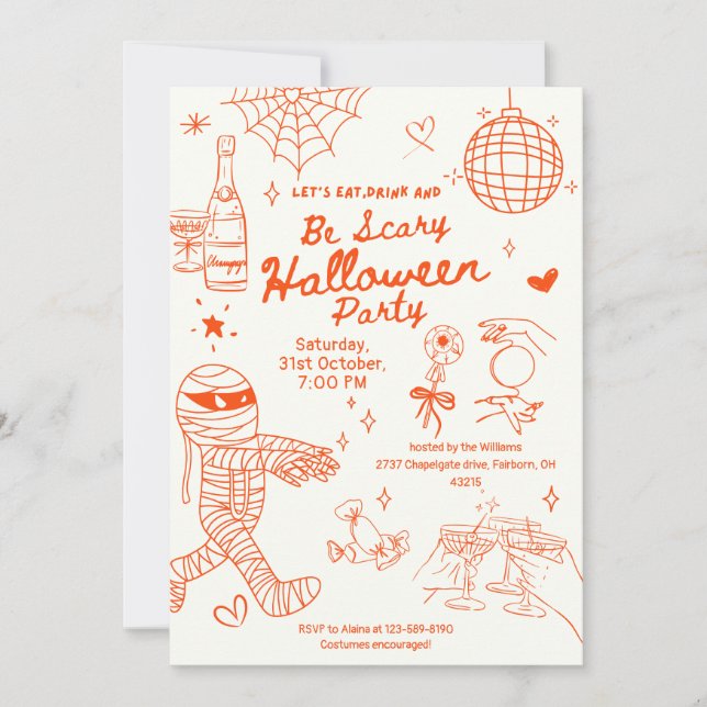Whimsical Hand plockade Doodle Halloween fest Inbjudningar (Framsida)