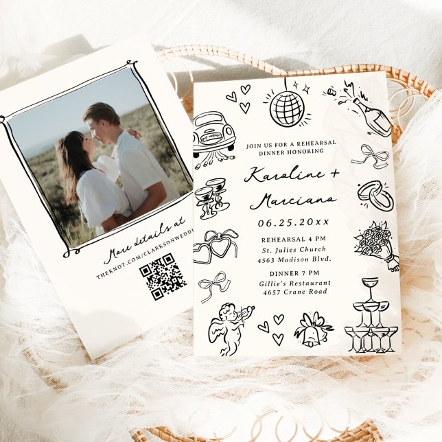 Whimsical Hand plockade Doodles Rehearsal Dinner Inbjudningar (Skapare uppladdad)
