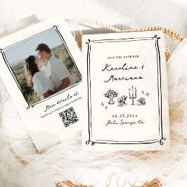 Whimsical Hand plockade Doodles Save Date QR-kod Inbjudningar