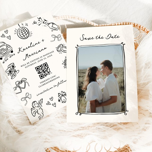 Whimsical Hand plockade Doodles Save Date QR-kod Inbjudningar (Skapare uppladdad)
