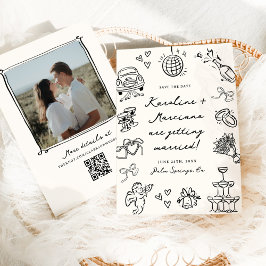 Whimsical Hand plockade Doodles Save Date QR-kod Inbjudningar