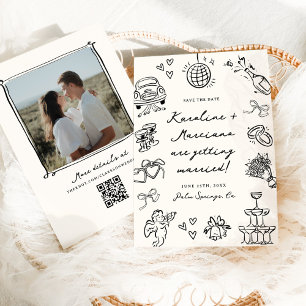 Whimsical Hand plockade Doodles Save Date QR-kod Inbjudningar
