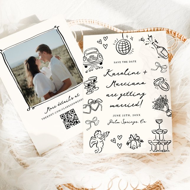Whimsical Hand plockade Doodles Save Date QR-kod Inbjudningar (Skapare uppladdad)