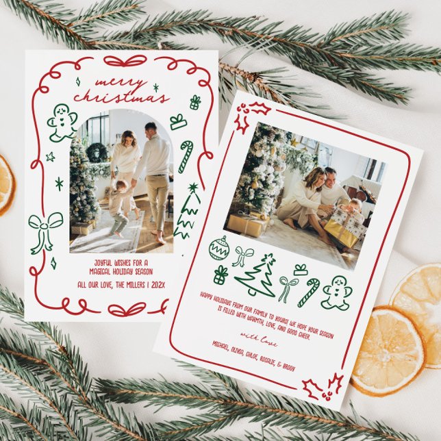 Whimsical Hand plockade Family Photo Julkort (Whimsical Hand Drawn Christmas Family Photo Holiday Card)