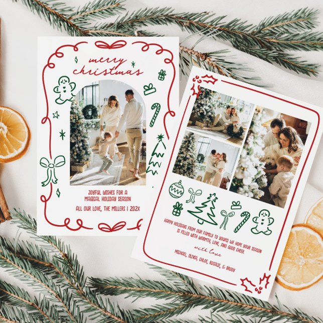 Whimsical Hand plockade Family Photo Julkort (Whimsical Hand Drawn Family Photo Christmas Card)