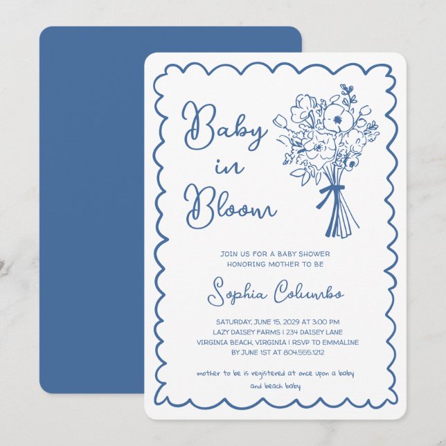 Whimsical Hand plockade Flower Bouquet Baby i Bloo Inbjudningar (Fram/baksida)