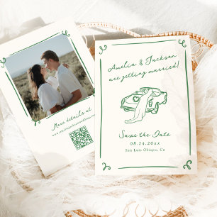 Whimsical Hand plockade Grönt Save the Date QR Cod Inbjudningar