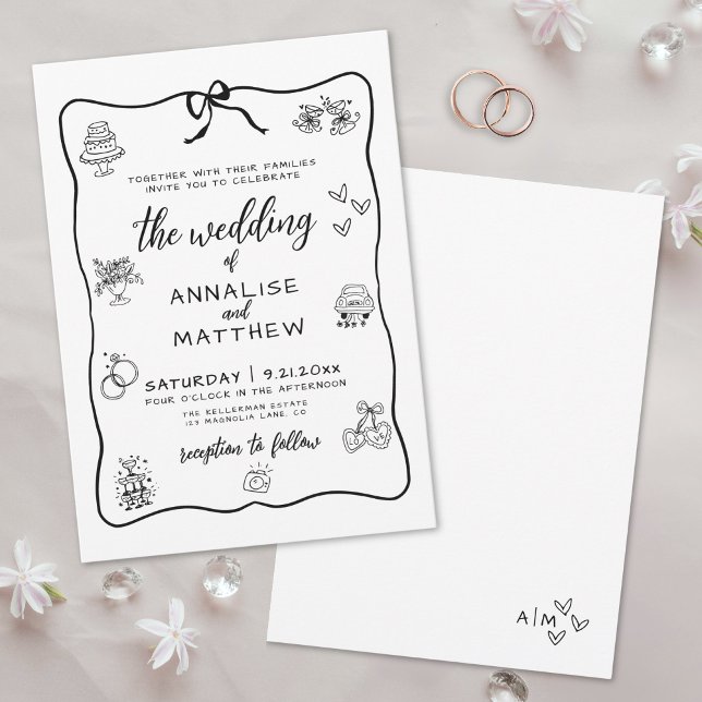 Whimsical Hand plockade Illustrated Bröllop Inbjudningar (Whimsical Hand Drawn Illustrated Wedding Invitation)