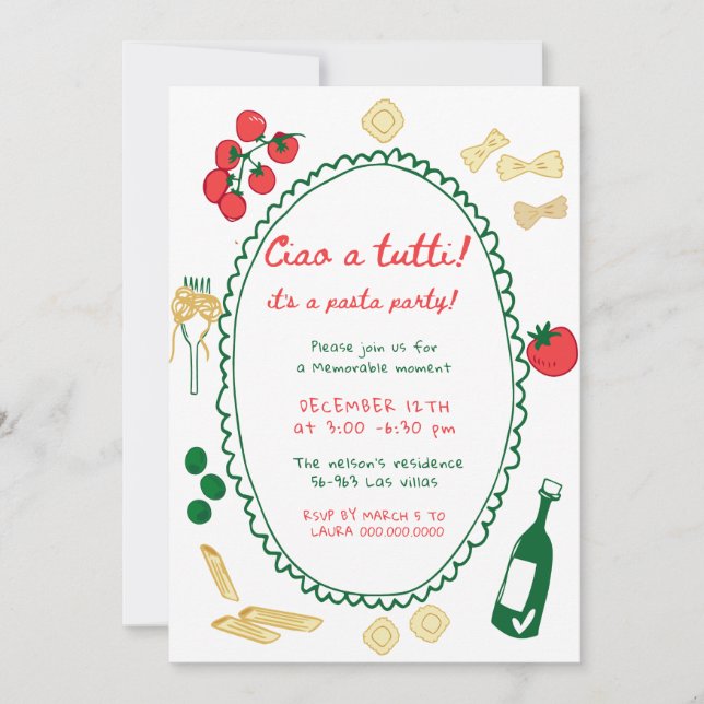 Whimsical Hand plockade Pasta Party Inbjudningar (Framsida)