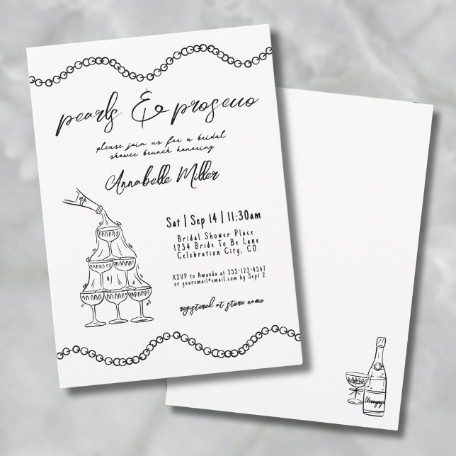 Whimsical Hand plockade Pearls Prosecco Möhippa Inbjudningar (Whimsical Hand Drawn Pearls Prosecco Bridal Shower Invitation)