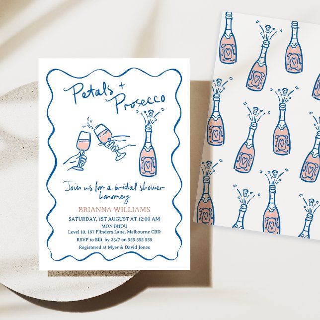 Whimsical Hand plockade Petals Prosecco Möhippa Inbjudningar (Petals and Prosecco Bridal Shower Invitation Whimsical, Hand Drawn Illustration, Blue Pink Bottle)