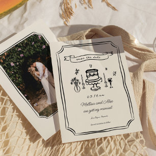 Whimsical Hand plockade Quirky Bröllop Photo Spara Datumet