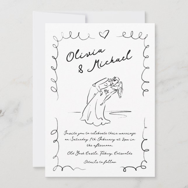 Whimsical Hand plockade Quirky Wedding bjudande Inbjudningar (Framsida)