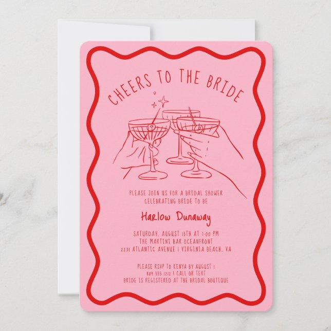 Whimsical Hand plockade Rosa Red Cheers till Bride Inbjudningar (Framsida)