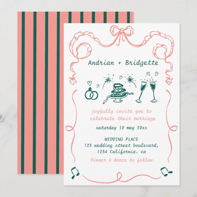 Whimsical Hand plockade Scribble Bow Bröllop Inbjudningar (Fram/baksida)