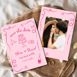 Whimsical Hand plockade Shock rosa Bröllop Photo Spara Datumet<br><div class="desc">Ange tonen för bröllop med den här visuella, handritade, spara datumfotokortet! Med delikata, konstnärliga detaljer och ett foto på personligen blandar den här designen på ett vackert sätt kreativitet och charm. Den mjuka typografin för elegant förbättrar det romantiska temat, medan detaljinformationen för anpassadet ser till att den är perfekt anpassad...</div>