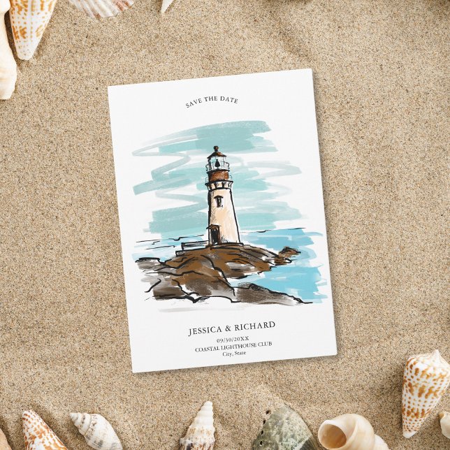 Whimsical Hand plockade Venue Coastal Lighthouse Inbjudningar (hand drawn lighthouse save the date)