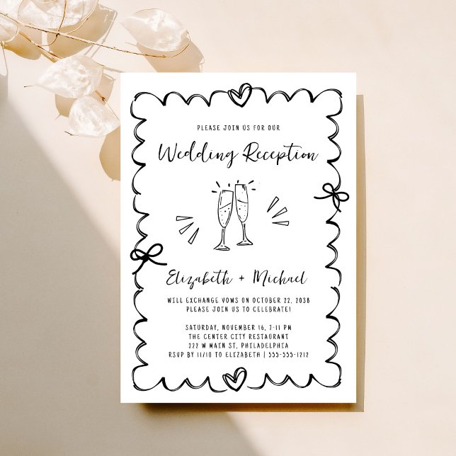 Whimsical Hand plockade Wedding Reception Inbjudningar (Fun reception invitation featuring whimsical hand drawn champagne glasses, hearts + coquette bows)