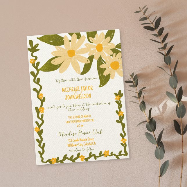 Whimsical Hand plockade Wildbloms Meadow Daisy Inbjudningar (whimsical doodle hand drawn daisies wedding invitation)