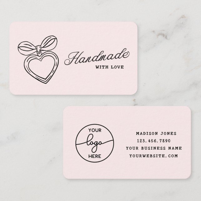 Whimsical Handmade with Love Script Heart Bow Logo Visitkort (Fram/baksida)