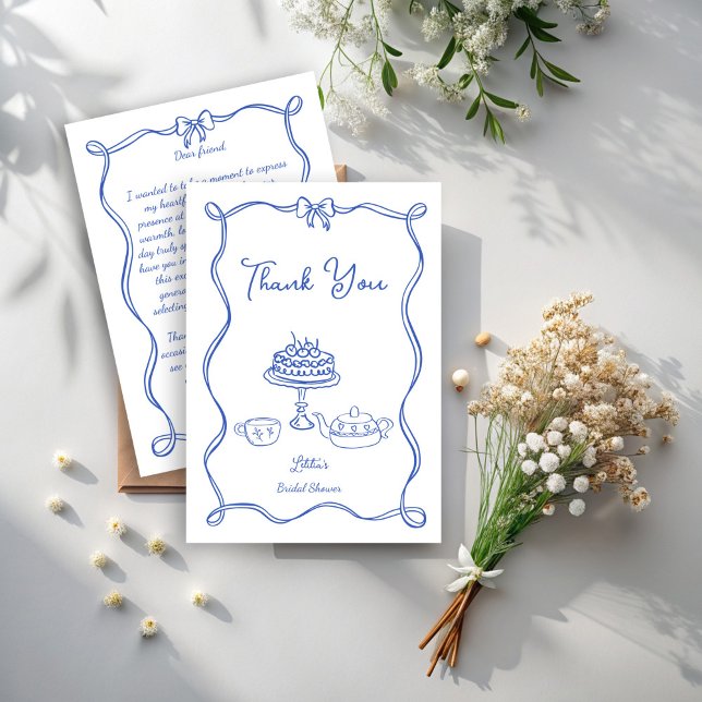 Whimsical handritad båge bröllopste-fest tack kort (Whimsical hand drawn bow bridal tea party thank you card bridal shower tea party thank you cards)
