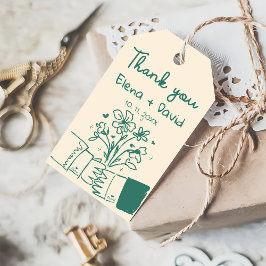 Whimsical handritad blå blomsterbröllop tack presentetikett