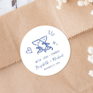 Whimsical Handritad Blå Bröllop Tack Runt Klistermärke
