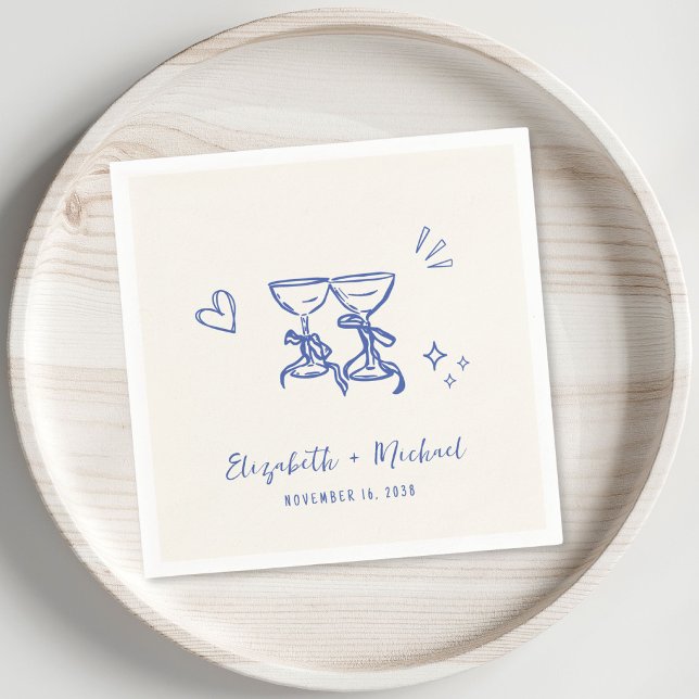 Whimsical Handritad Blå Kräm Bröllop Pappersservett (Whimsical Hand Drawn Blue Cream Wedding Napkins)