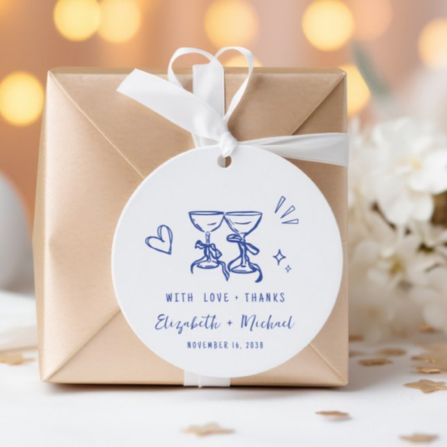 Whimsical handritad blå kräm bröllop tack gåvor etiketter (Whimsical Hand Drawn Blue Cream Wedding Thank You Favor Tags)