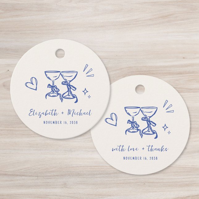 Whimsical Handritad Blå Kräm Bröllop Tack Gåvor Etiketter (Whimsical Hand Drawn Blue Cream Wedding Thank You Favor Tags)