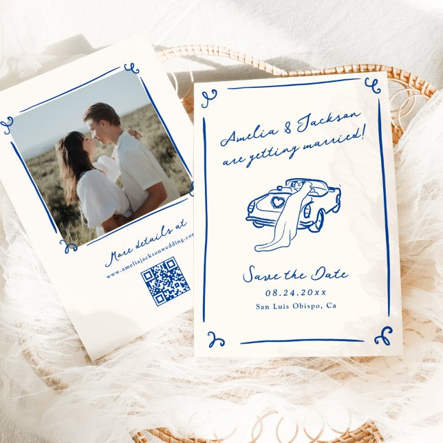 Whimsical Handritad Blå QR-kod för Save the Date Inbjudningar (Skapare uppladdad)