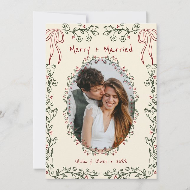 Whimsical Handritad Blommig Foto Nygifta Julkort (Framsida)