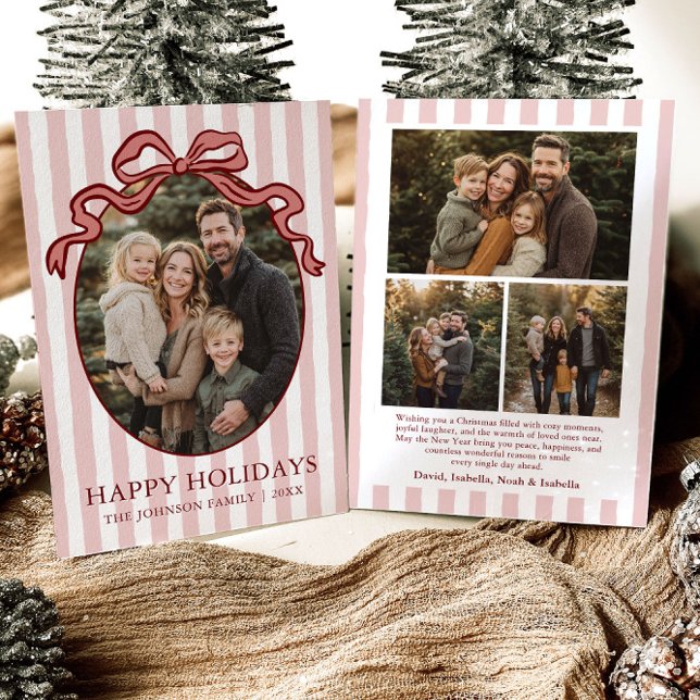 Whimsical Handritad Coquette Röd Båge Familjefoto Julkort (Whimsical Hand Drawn Coquette Red Bow Family Photo Holiday Card)