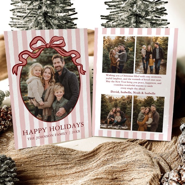 Whimsical Handritad Coquette Röd Båge Familjefoto Julkort (Whimsical Hand Drawn Coquette Red Bow Family Photo Holiday Card)