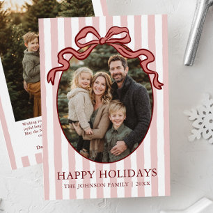 Whimsical Handritad Coquette Röd Båge Familjefoto Julkort