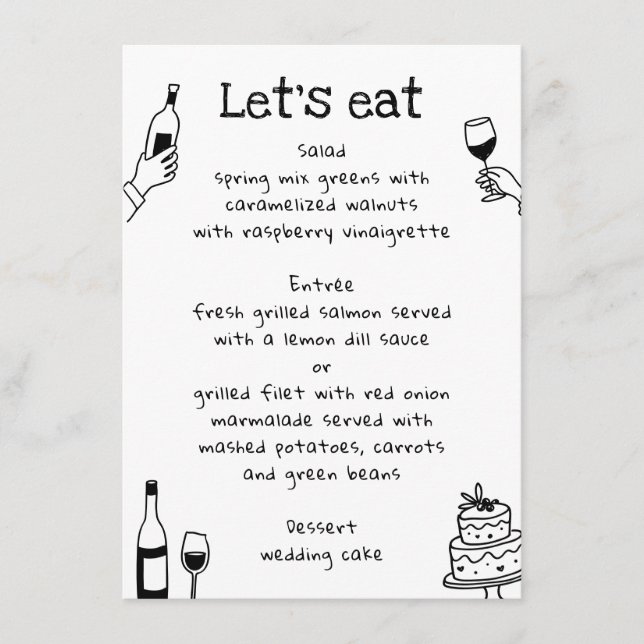 Whimsical Handritad Doodle Bröllop | Vin Modern Meny (Framsida)