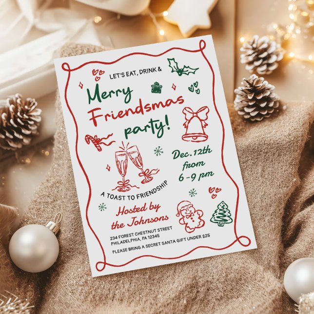 Whimsical Handritad Friendsmas Julfest Inbjudningar (Skapare uppladdad)