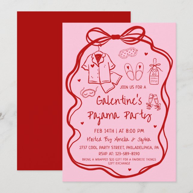 Whimsical Handritad Galentine's Pyjamasparty  Inbjudningar (Fram/baksida)